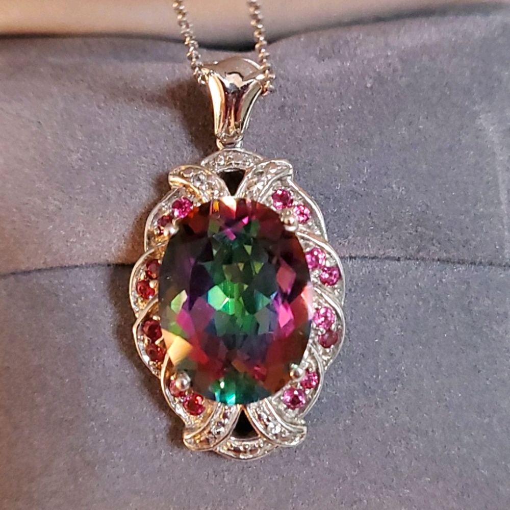 Mystic Topaz, Rhodolite Garnet necklace 20 inch